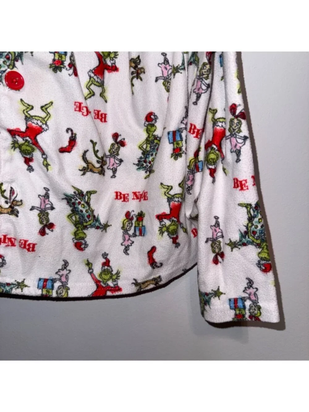 Dr. Seuss The Grinch Kids Holiday Pajama Top Size L (10/12) White Red Be Nice